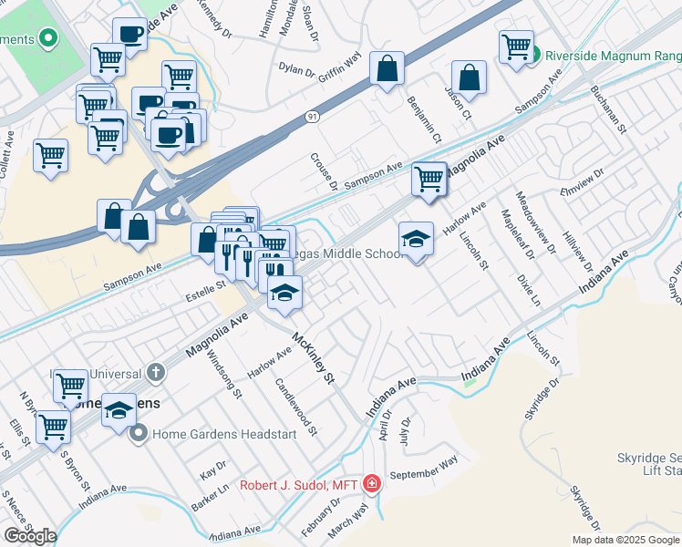map of restaurants, bars, coffee shops, grocery stores, and more near 12917 Via Napoi in Riverside