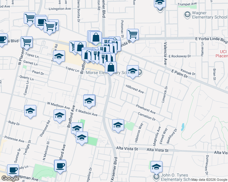 map of restaurants, bars, coffee shops, grocery stores, and more near 1213 North Vecino Lane in Placentia