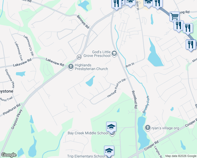 map of restaurants, bars, coffee shops, grocery stores, and more near 2608 Jacobs Crest Cove Southwest in Grayson