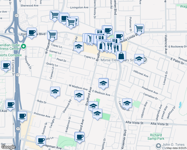 map of restaurants, bars, coffee shops, grocery stores, and more near 1112 Bradford Avenue in Placentia