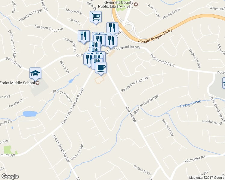 map of restaurants, bars, coffee shops, grocery stores, and more near 1021 Oak Road Southwest in Lilburn