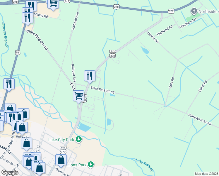 map of restaurants, bars, coffee shops, grocery stores, and more near 251 State Road S-21-85 in Lake City