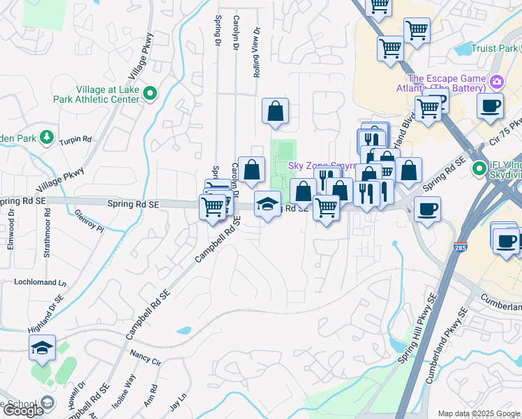 map of restaurants, bars, coffee shops, grocery stores, and more near 2374 Spring Road Southeast in Smyrna