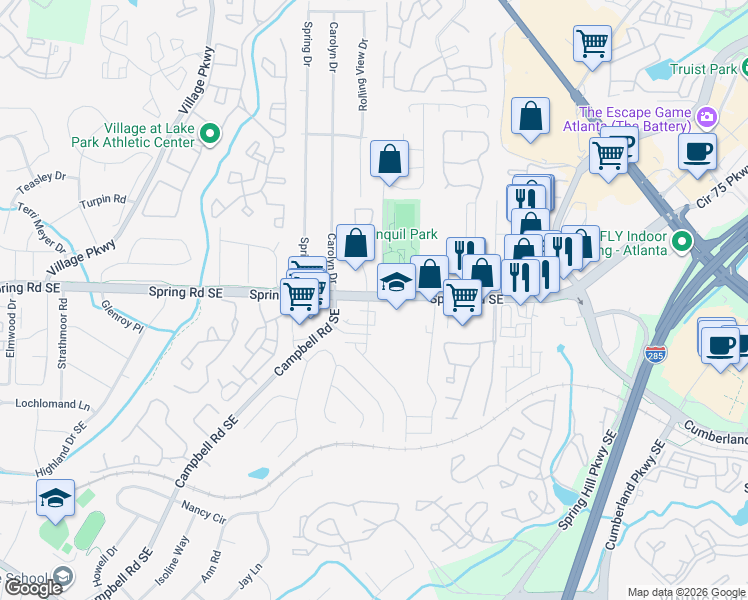 map of restaurants, bars, coffee shops, grocery stores, and more near 2747 Farmstead Road in Smyrna