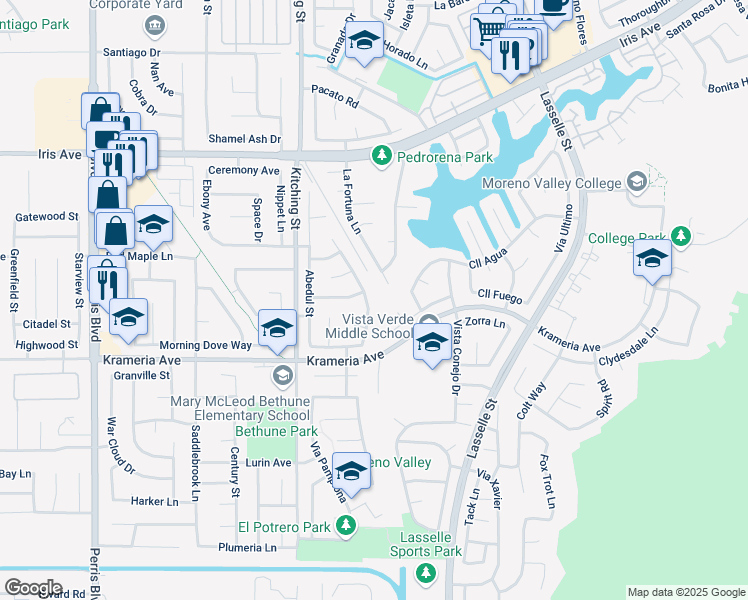 map of restaurants, bars, coffee shops, grocery stores, and more near 16350 Avenida De Loring in Moreno Valley