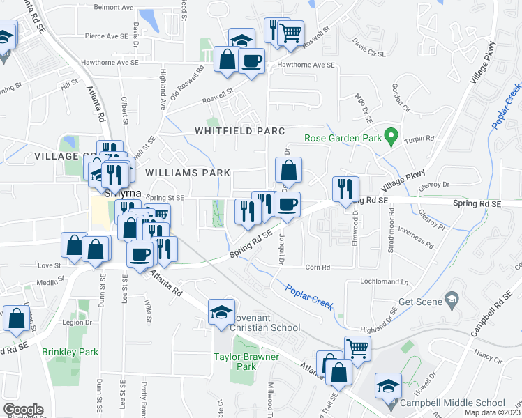map of restaurants, bars, coffee shops, grocery stores, and more near 2860 Spring Villa Lane in Smyrna