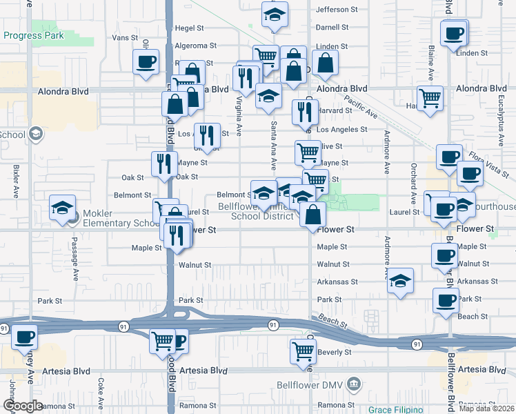 map of restaurants, bars, coffee shops, grocery stores, and more near 9231 Laurel Street in Bellflower