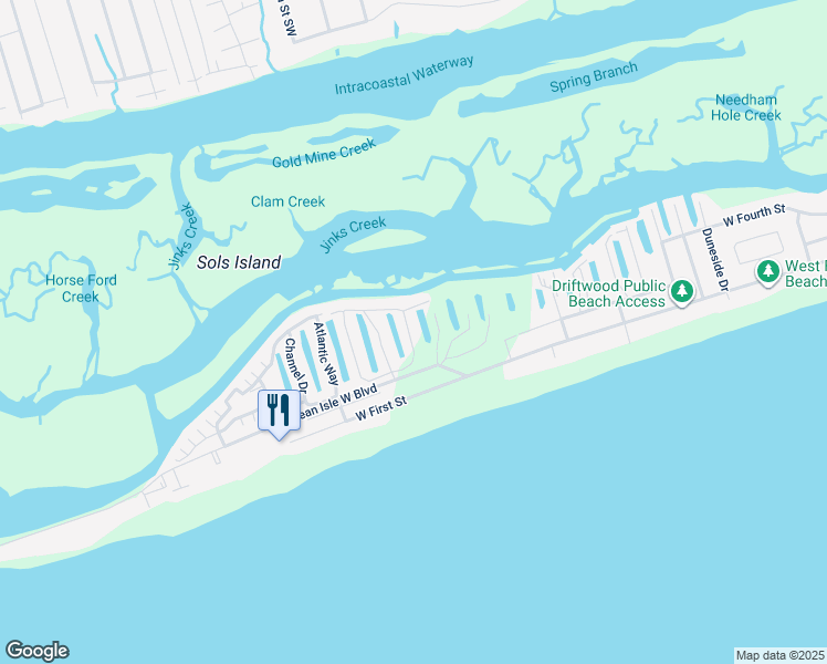 map of restaurants, bars, coffee shops, grocery stores, and more near 122 Via Old Sound Boulevard in Ocean Isle Beach