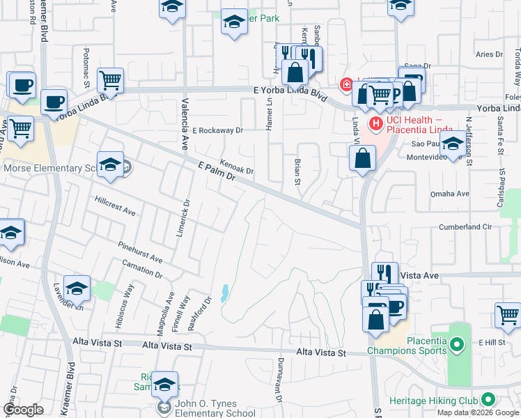 map of restaurants, bars, coffee shops, grocery stores, and more near 1299 Holt Drive in Placentia