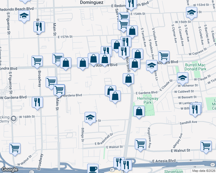 map of restaurants, bars, coffee shops, grocery stores, and more near 435 East Gardena Boulevard in Gardena