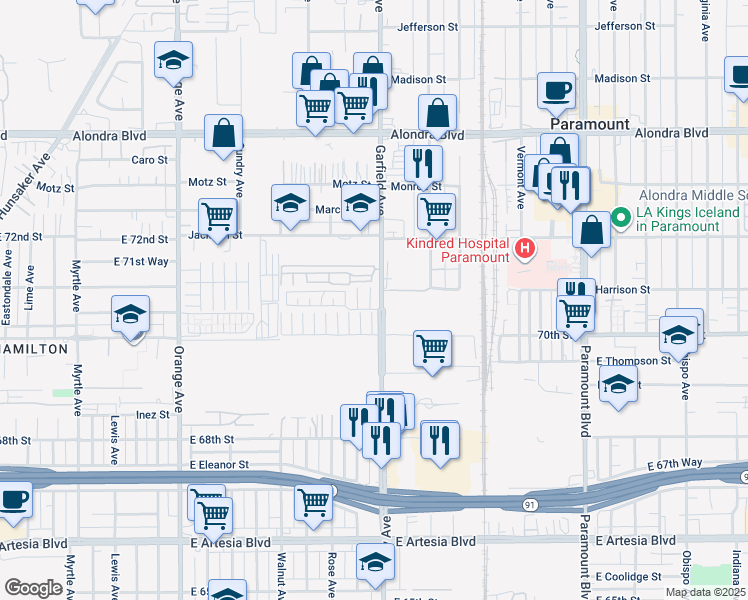 map of restaurants, bars, coffee shops, grocery stores, and more near 16601 Garfield Avenue in Paramount