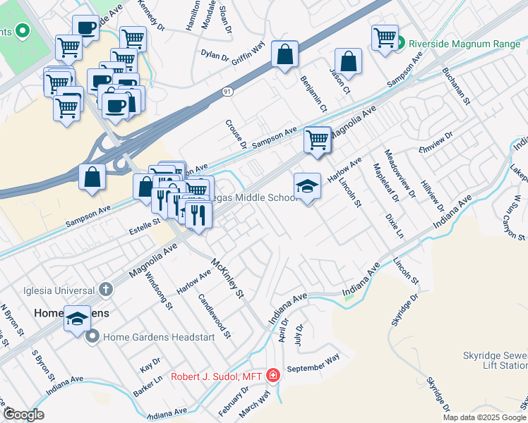 map of restaurants, bars, coffee shops, grocery stores, and more near 12880 Magnolia Avenue in Riverside