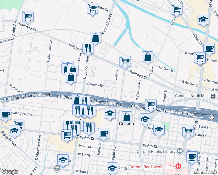 map of restaurants, bars, coffee shops, grocery stores, and more near 932 Pomona Road in Corona
