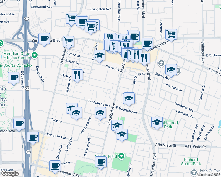 map of restaurants, bars, coffee shops, grocery stores, and more near 3330 Quartz Lane in Fullerton