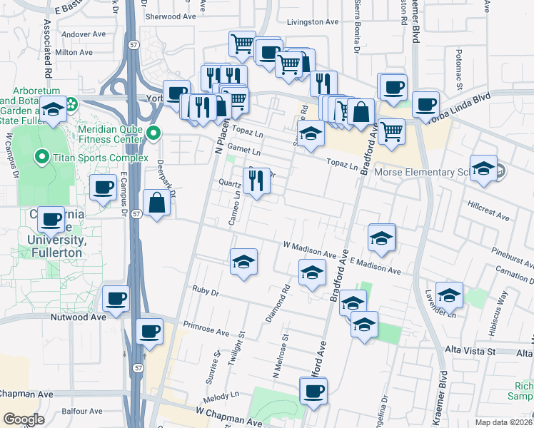 map of restaurants, bars, coffee shops, grocery stores, and more near 518 Sheree Lane in Placentia