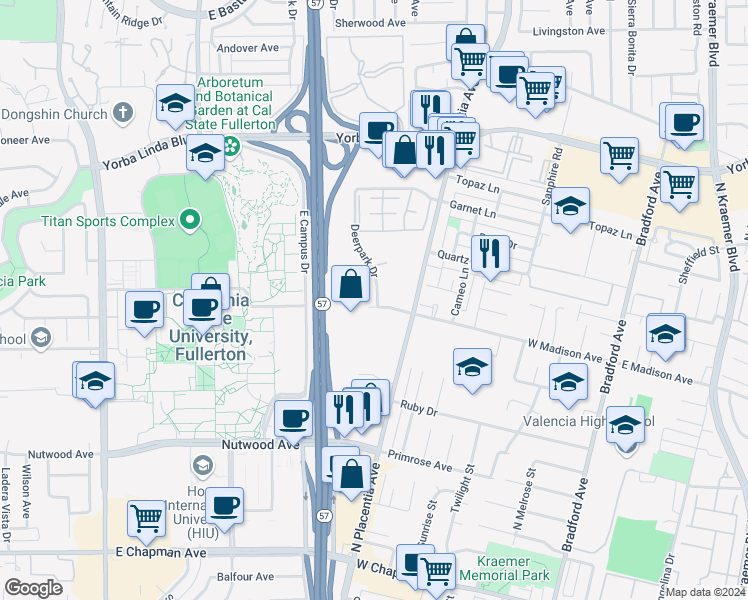 map of restaurants, bars, coffee shops, grocery stores, and more near 1208 Deerpark Drive in Fullerton