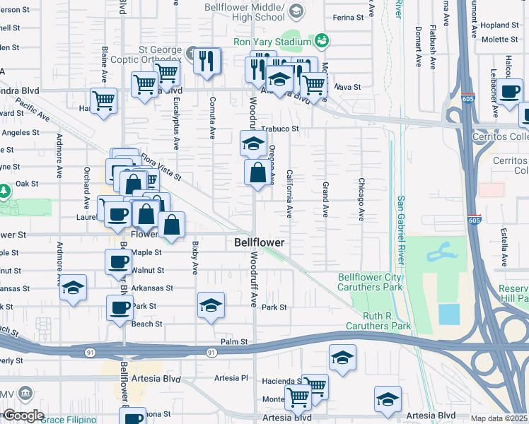 map of restaurants, bars, coffee shops, grocery stores, and more near 10242 Midway Street in Bellflower