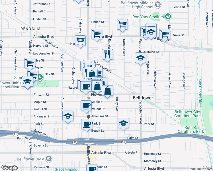 map of restaurants, bars, coffee shops, grocery stores, and more near in Bellflower