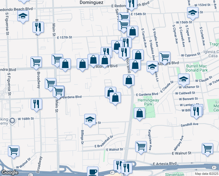 map of restaurants, bars, coffee shops, grocery stores, and more near 425 East Gardena Boulevard in Gardena