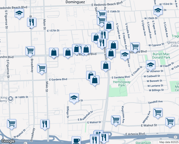 map of restaurants, bars, coffee shops, grocery stores, and more near 425 East Gardena Boulevard in Gardena