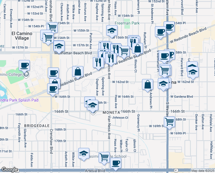 map of restaurants, bars, coffee shops, grocery stores, and more near 16204 Spinning Avenue in Torrance