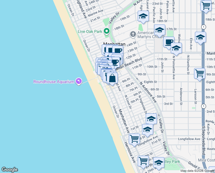 map of restaurants, bars, coffee shops, grocery stores, and more near in Manhattan Beach