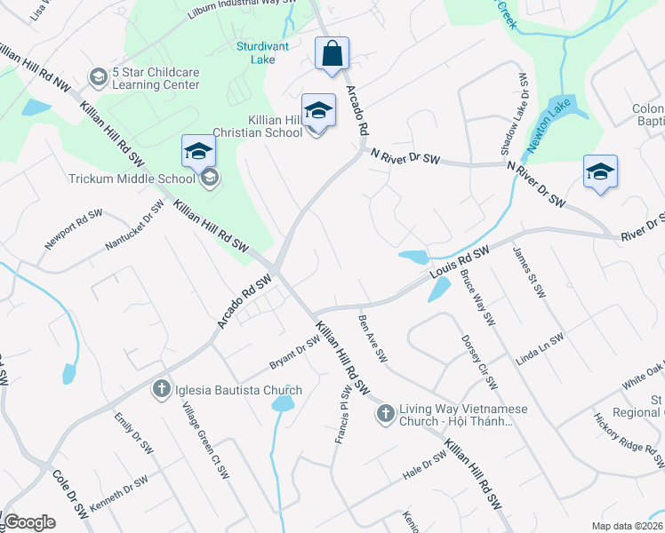 map of restaurants, bars, coffee shops, grocery stores, and more near 289 Hokes Place Southwest in Lilburn