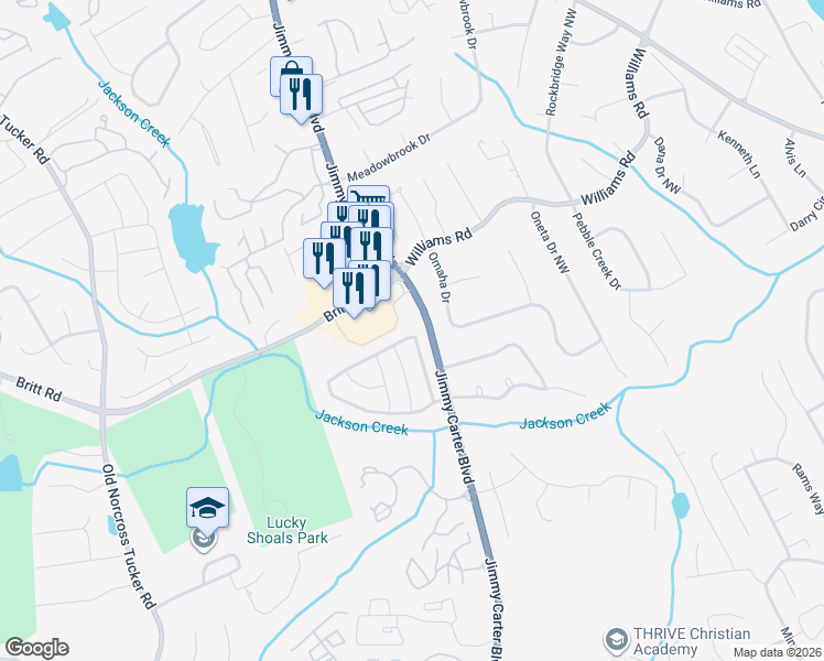 map of restaurants, bars, coffee shops, grocery stores, and more near 6784 Wandering Way Northwest in Norcross