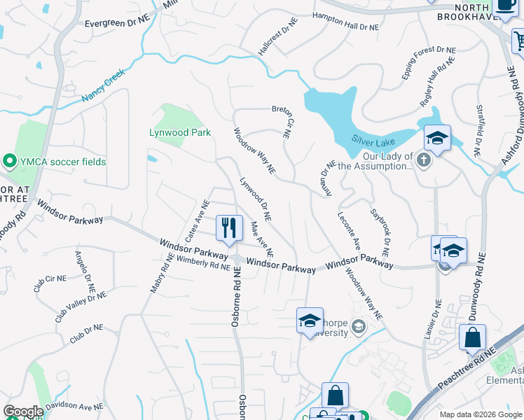 map of restaurants, bars, coffee shops, grocery stores, and more near 3207 Lynwood Drive Northeast in Atlanta