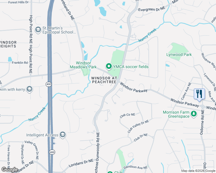 map of restaurants, bars, coffee shops, grocery stores, and more near 275 Windsor Gate Cove Northeast in Atlanta