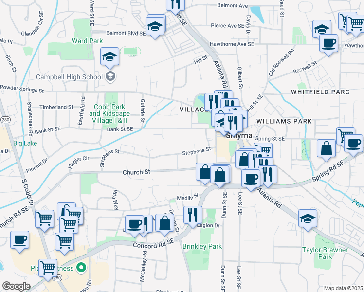 map of restaurants, bars, coffee shops, grocery stores, and more near 1185 Stephens Street in Smyrna
