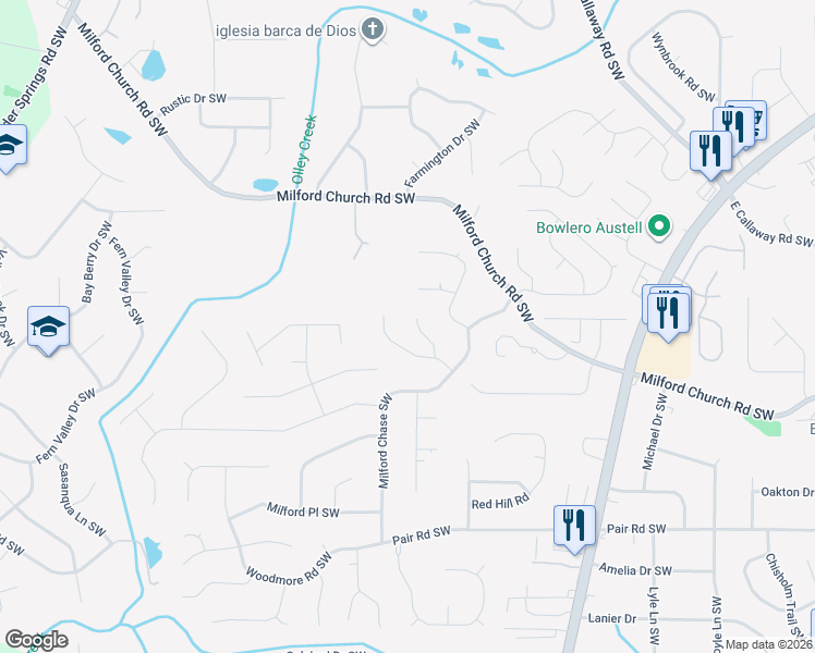 map of restaurants, bars, coffee shops, grocery stores, and more near 2858 Creek Court Southwest in Marietta
