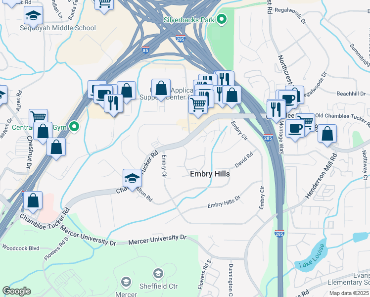 map of restaurants, bars, coffee shops, grocery stores, and more near 3290 Oakwood Village Lane in Atlanta