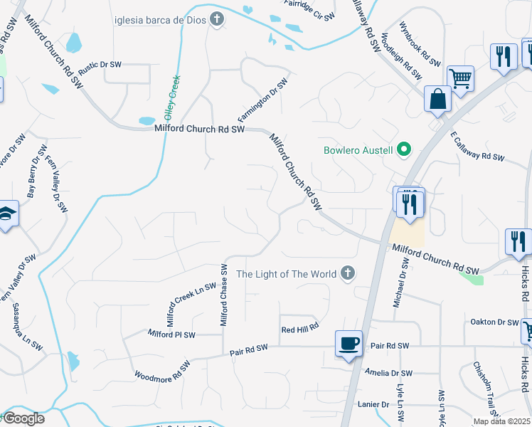 map of restaurants, bars, coffee shops, grocery stores, and more near 3080 Milford Chase Southwest in Marietta