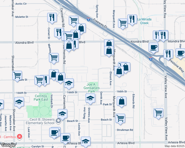 map of restaurants, bars, coffee shops, grocery stores, and more near in Cerritos