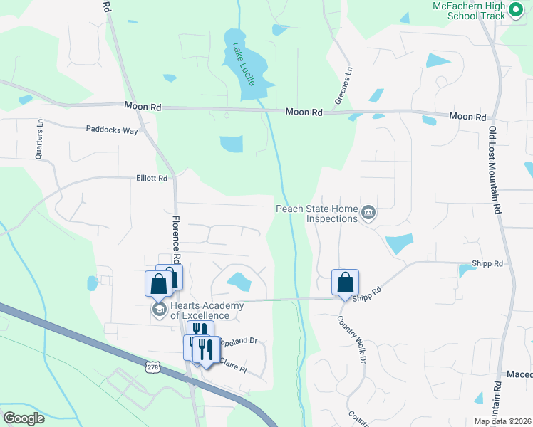 map of restaurants, bars, coffee shops, grocery stores, and more near 5096 Ray Court in Powder Springs