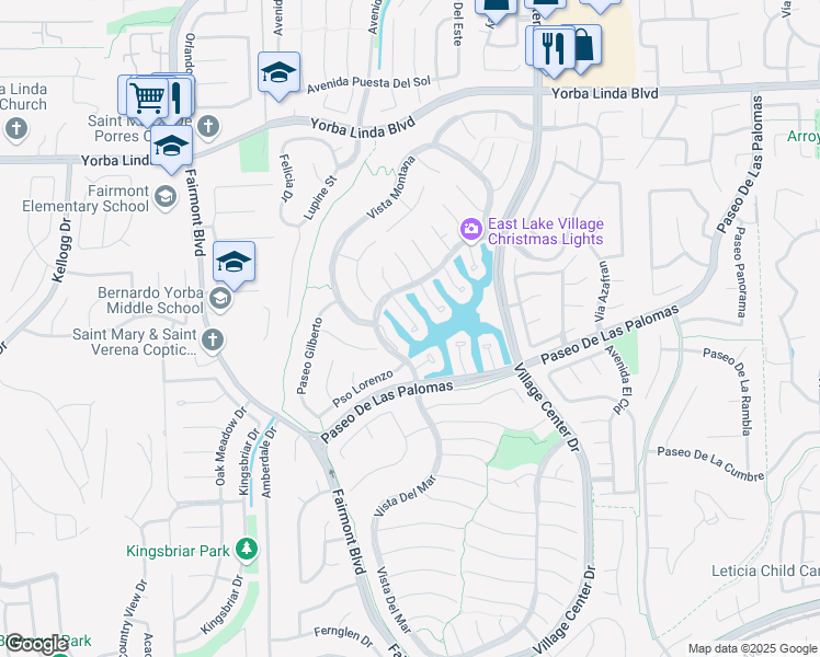 map of restaurants, bars, coffee shops, grocery stores, and more near 5383 Vía Morena in Yorba Linda