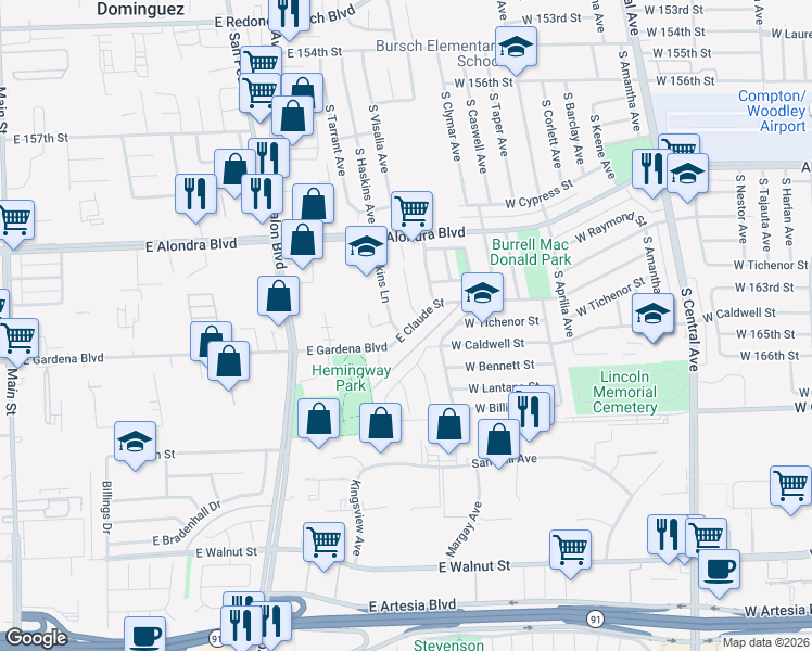 map of restaurants, bars, coffee shops, grocery stores, and more near 825 East Claude Street in Carson