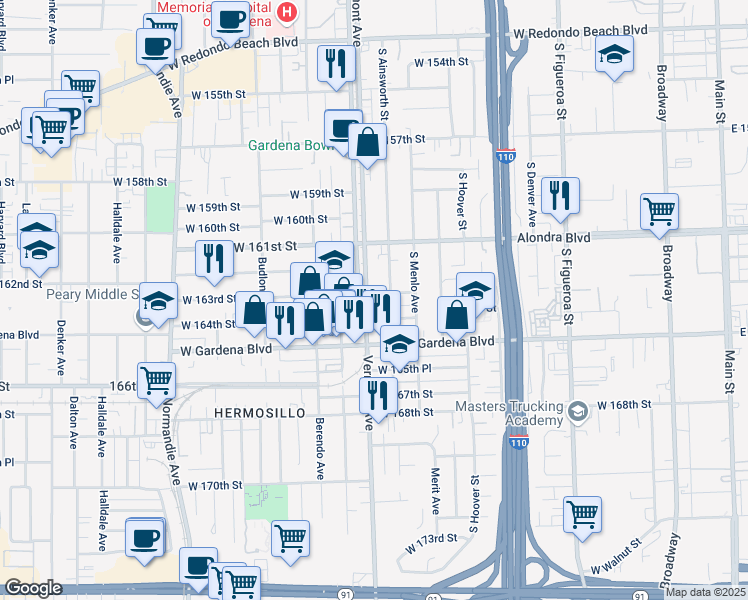 map of restaurants, bars, coffee shops, grocery stores, and more near 16304 South Vermont Avenue in Gardena