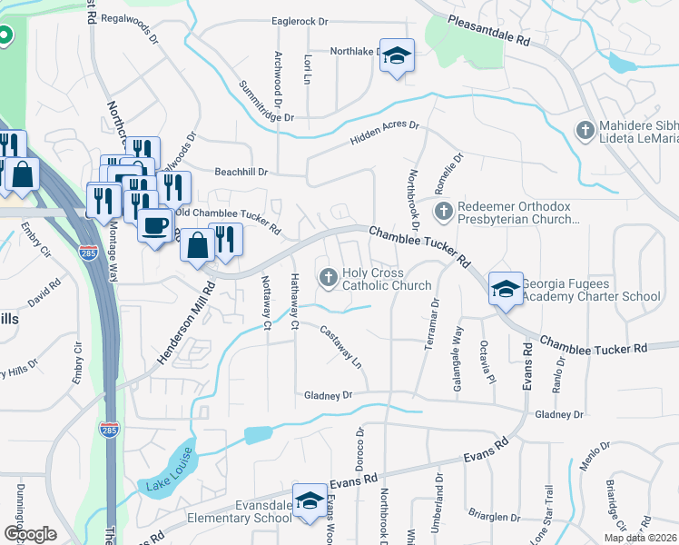 map of restaurants, bars, coffee shops, grocery stores, and more near 3204 Henderson Walk in Atlanta