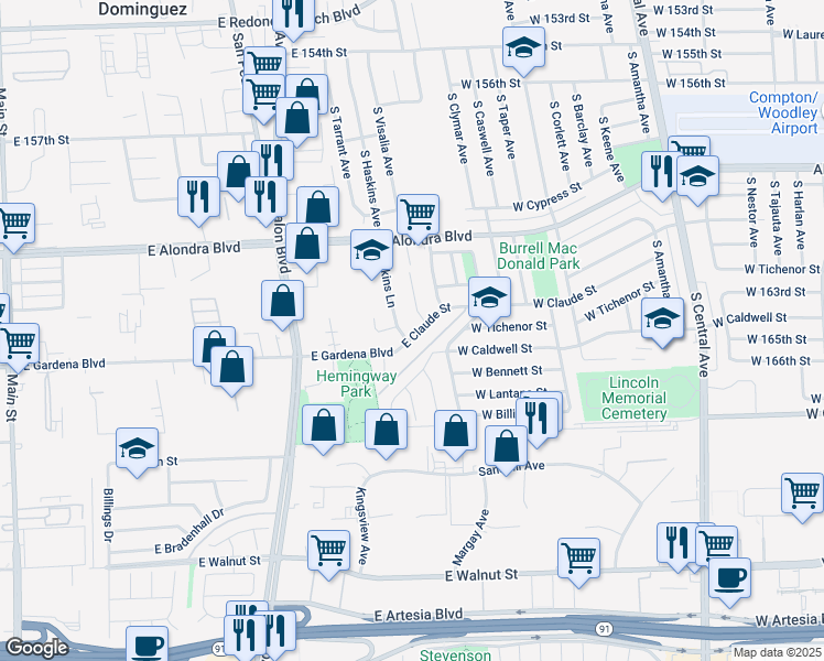 map of restaurants, bars, coffee shops, grocery stores, and more near 825 East Claude Street in Carson