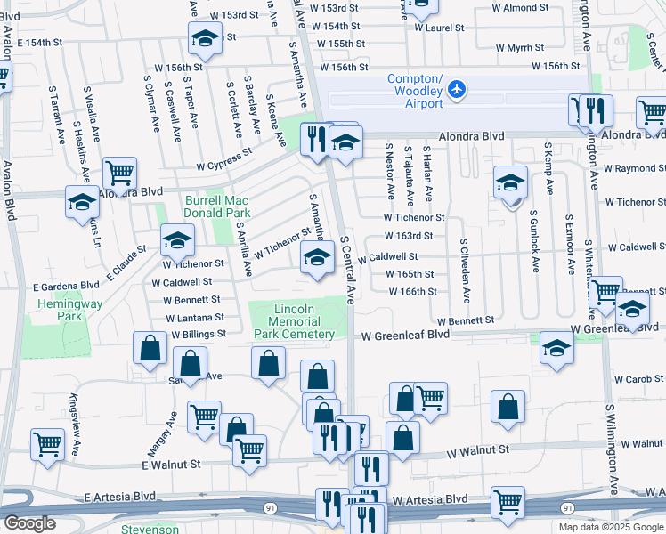 map of restaurants, bars, coffee shops, grocery stores, and more near 2300 West Caldwell Street in Compton