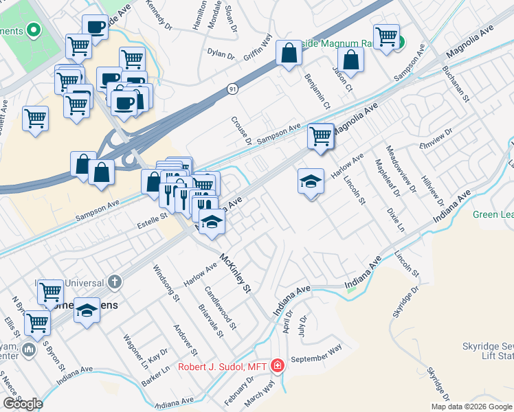 map of restaurants, bars, coffee shops, grocery stores, and more near 3778 Camino Tobago in Riverside