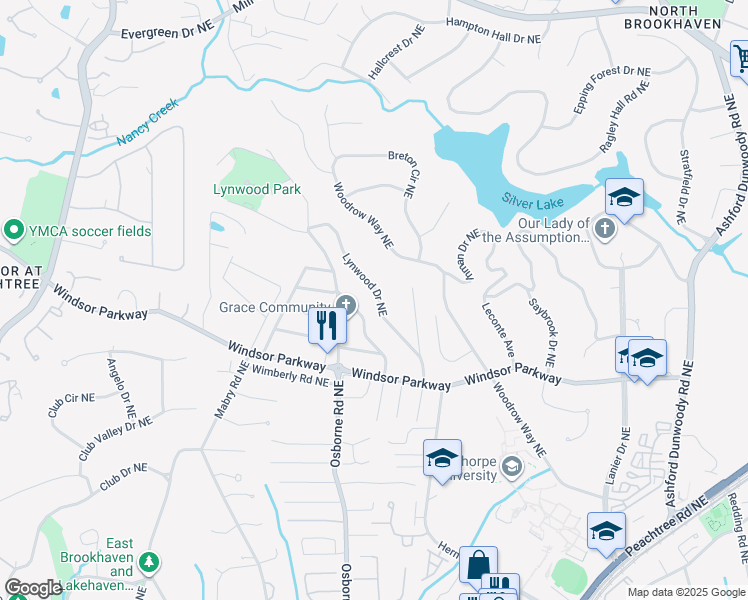 map of restaurants, bars, coffee shops, grocery stores, and more near 3207 Lynwood Drive Northeast in Atlanta