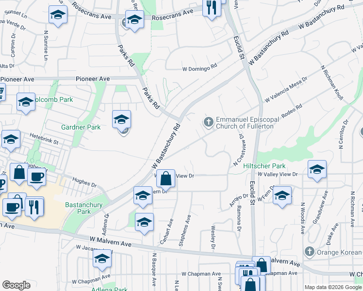 map of restaurants, bars, coffee shops, grocery stores, and more near 1241 West Valencia Mesa Drive in Fullerton