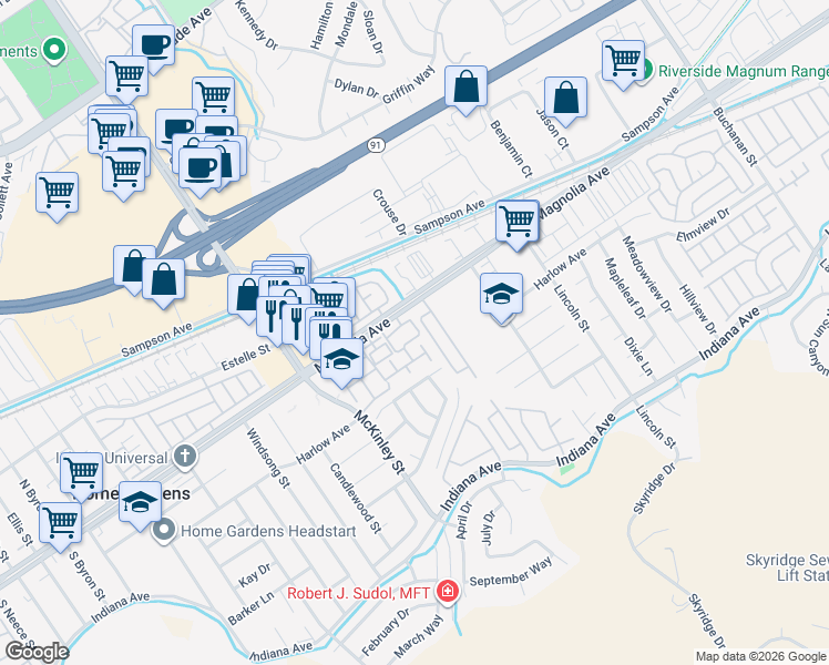 map of restaurants, bars, coffee shops, grocery stores, and more near 12911 Via Napoi in Riverside