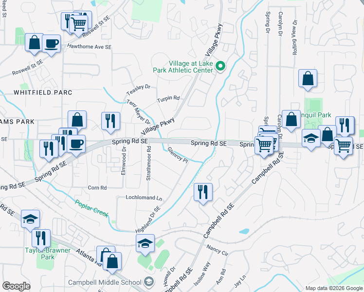 map of restaurants, bars, coffee shops, grocery stores, and more near 2024 Spring Road Southeast in Smyrna