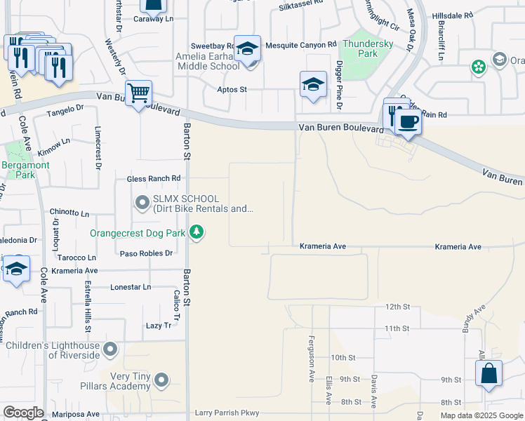 map of restaurants, bars, coffee shops, grocery stores, and more near 20201 Caroline Way in March Air Reserve Base