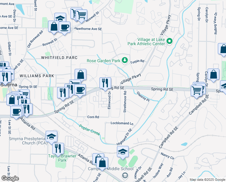 map of restaurants, bars, coffee shops, grocery stores, and more near 1848 Spring Road Southeast in Smyrna