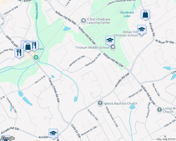 map of restaurants, bars, coffee shops, grocery stores, and more near 120 Village Green Court Southwest in Lilburn